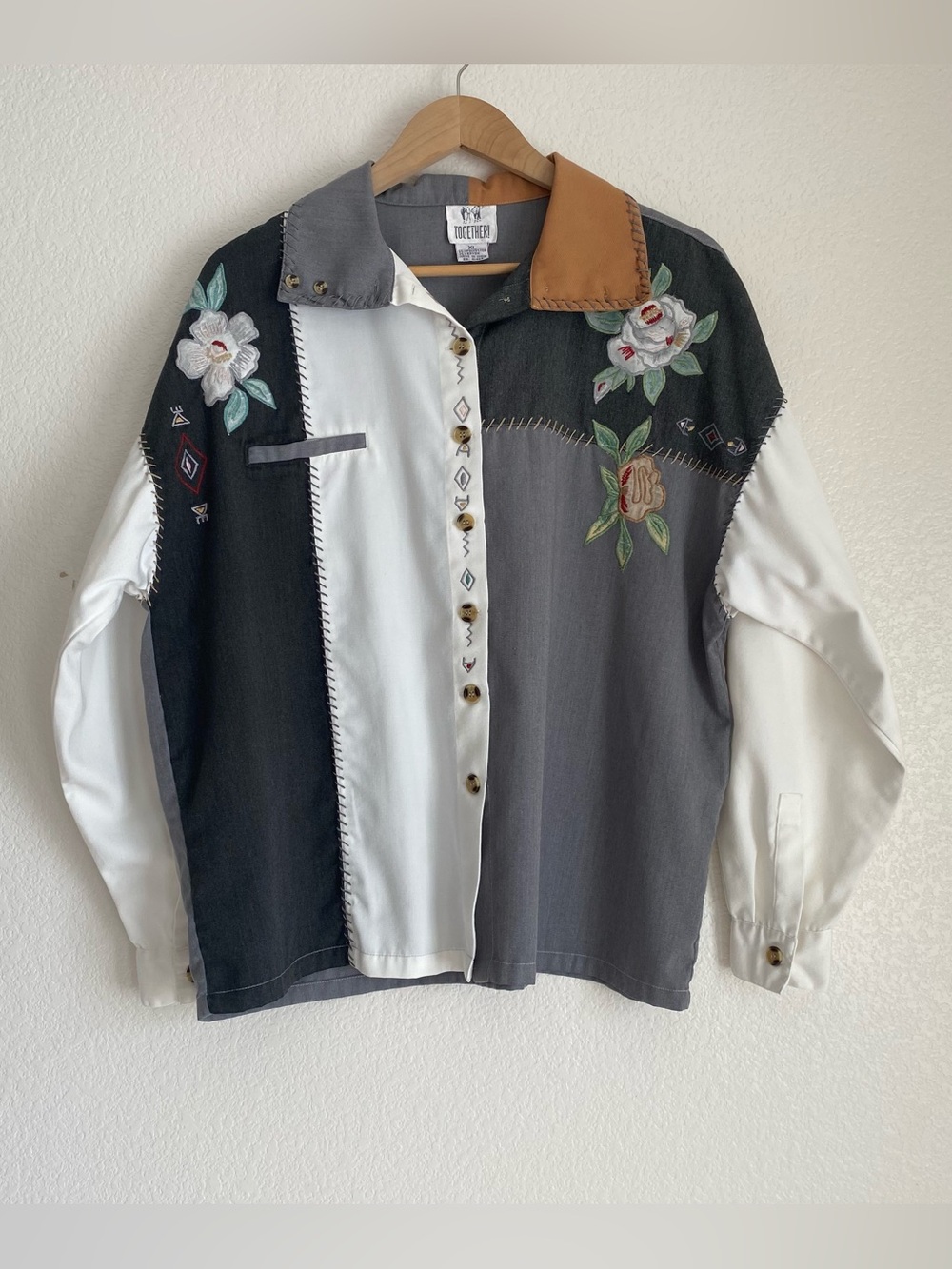 Vintage Together floral embroidered patchwork colorblock button down shirt, XL - Picture 7 of 13